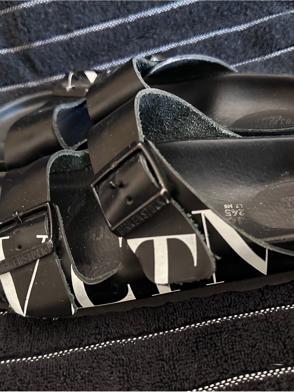 Valentino Birkenstock Black Sandal with White Logo Valentino Print Double Buckle
